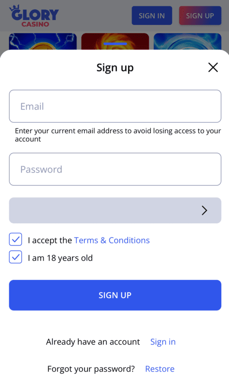 Registration form on the Glory Casino app.